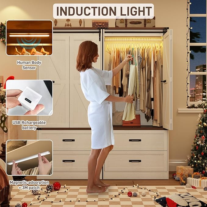 Farmhouse 2 Doors Armoire Wardrobe Closet w/Folding Sliding Barn Door and Lights, LED Armoire Closet w/Drawers for Bedroom, Freestanding Wooden Wardrobe Storage Closets w/Hanging Rod,Antique White