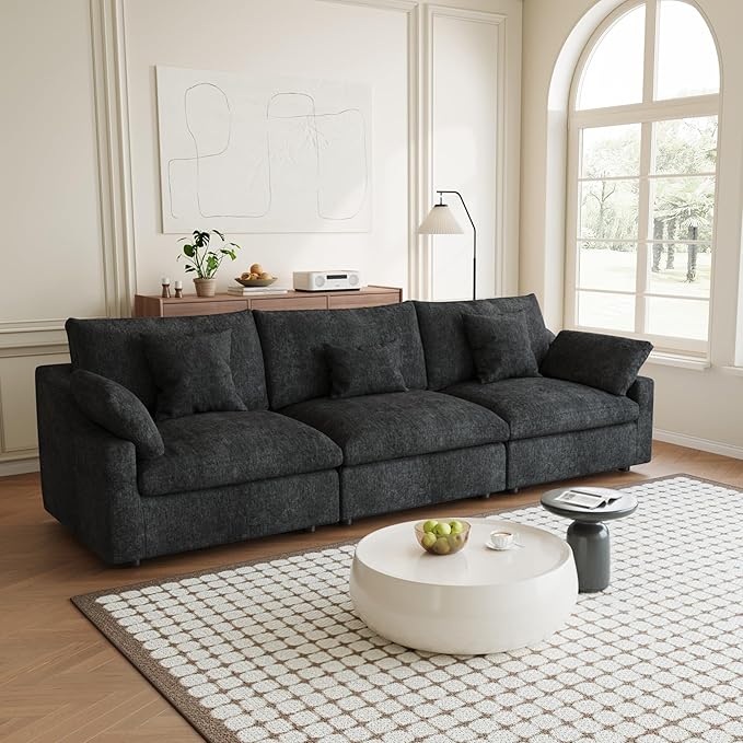 Modular Sectional Sofa Cloud Couch, 119.29" Oversized 3 Seater Sofa with Pillows, Linen Blend Fabric Minimalist Deep Seat Sofa Couches for Living Room, Sofa Covers Washable&Removable, Black