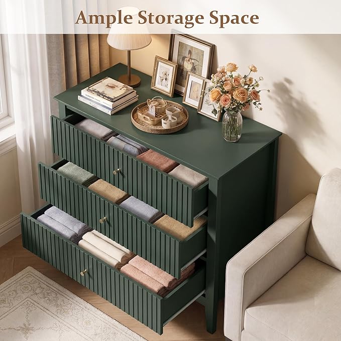 RoyalCraft Large 3 Drawer Dresser Set of 2, Fluted Chest of Drawers with Storage, Modern Painted 30 inch Tall Nightstand for Bedroom Living Room Entryway, Dark Green