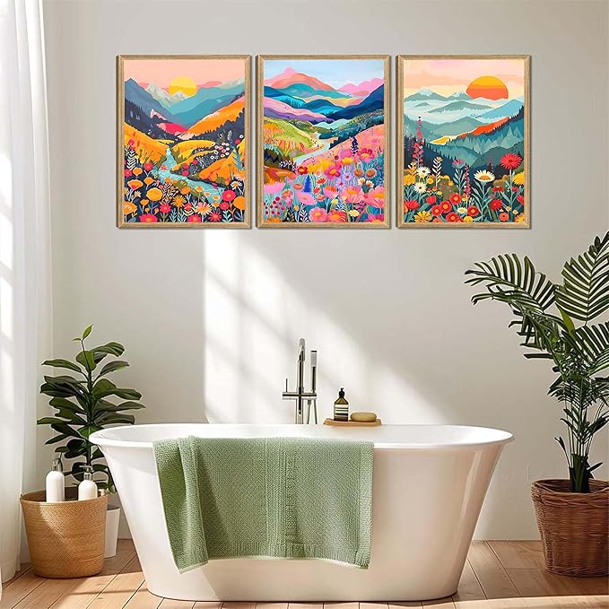 Yudinbin Colorful Mountain Poster Wall Art Set of 3 Boho Watercolor Flower Picture Wall Decor Abstract Nature Landscape Artwork Paintings Print for Living Room Bedroom Office 16x12In Unframed