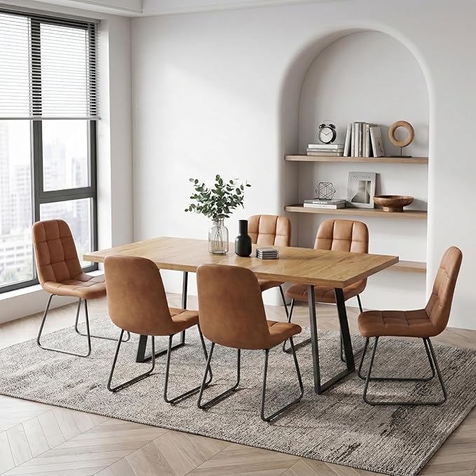 ZckyCine Extendable Dining Table Set 47"-63", Rustic Wood Table with 6 PU Leather Chairs, Modern Scandinavian Dining Room Furniture for Kitchen Apartment