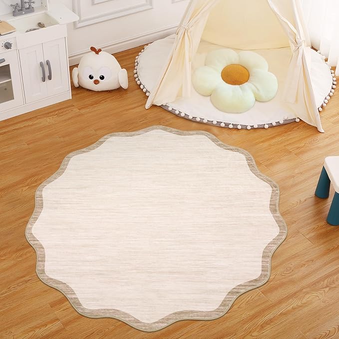 GarveeHome Scalloped Round Area Rugs 4ft, Washable Small Non-Slip, Soft Boho Ultra-Thin Circle Low Pile Stain Resistant Carpet for Bedroom Entryway Kitchen Laundry Bathroom, Beige
