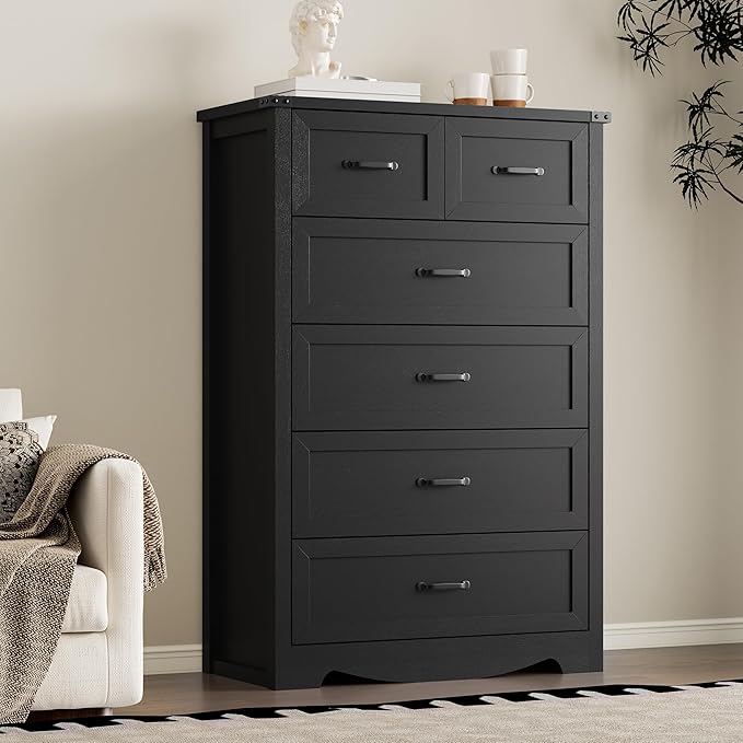 BORNOON Tall 6-Drawer Dresser for Bedroom, Modern Wooden Chest of Drawers with Metal Handles, Anti-Tipping Design, Sturdy and Stable Storage Organizer for Living Room, Entryway, Home Office
