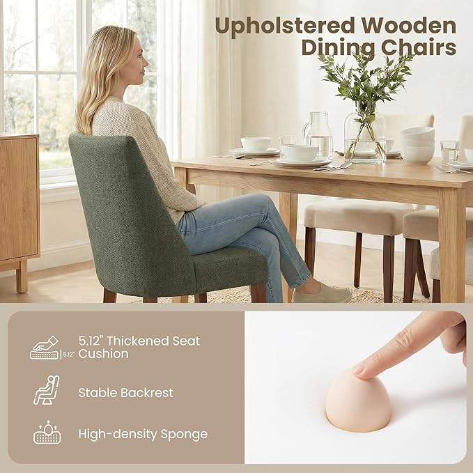 Wooden Dining Chairs Set of 6, Upholstered Farmhouse Fabric Dining Room Chair, Mid Century Kitchen Chair for Restaurant & Cafe, Green