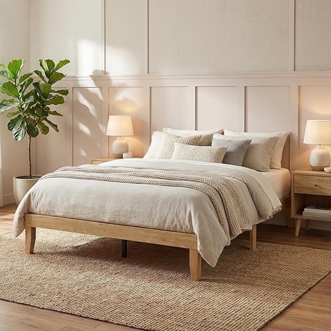 Bed Frame Queen Size, Wood Platform Bed Frame with Solid Wood Slats & Legs, Noise-Free, No Box Spring Needed, Easy Assembly, Minimalist Japandi Style