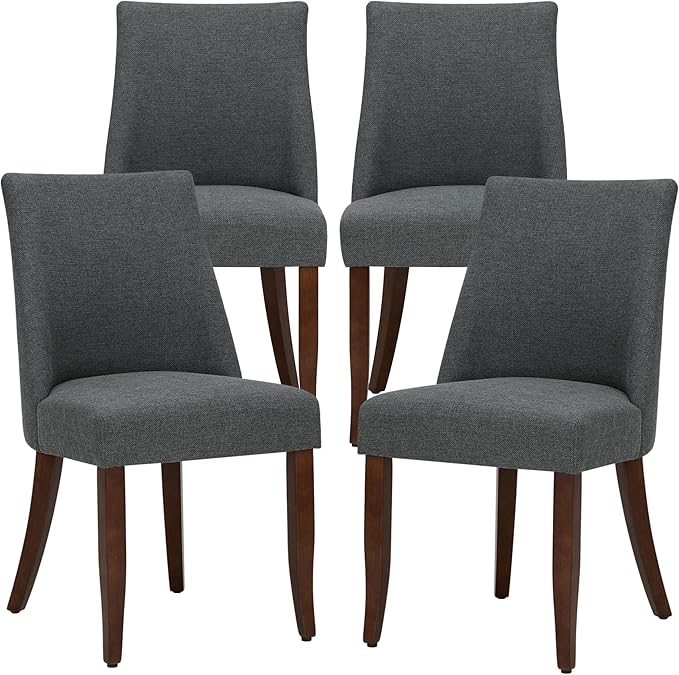 Wooden Dining Chairs Set of 4, Upholstered Farmhouse Fabric Dining Room Chair, Mid Century Kitchen Chair for Restaurant & Cafe, Dark Grey