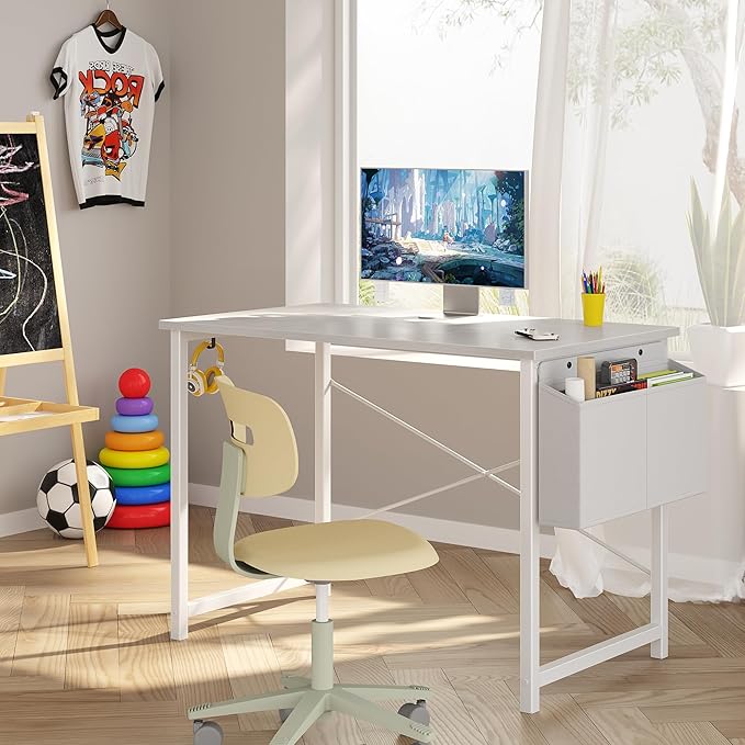 OLIXIS Computer Desk 40 Inch Home Office Desks for Small Spaces, Gaming Writing Study Work Table with Storage Bag and Headphone Hook for Bedroom, White