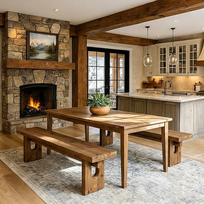 63" Solid Wood Bench, Extra Long Farmhouse Dining Bench for Kitchen Table, Rustic Wooden Entryway Bench, End of Bed Indoor Seating, Natural Brown