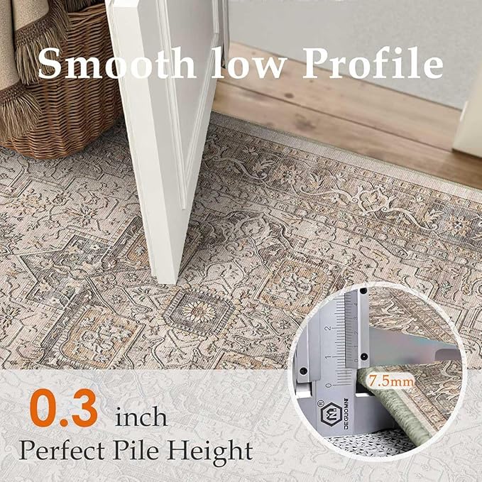 8x10 Washable Vintage Area Rug Brown Oriental Living Room Bedroom Throw Rug Neutral Non Slip Soft Low Pile Carpet for Dining Room Office Nursery Indoor