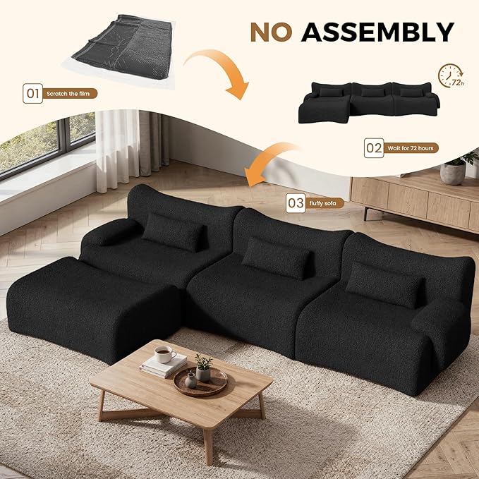 Cloud Couch Sectional, L Shaped Boneless Couches for Living Room - Oversized Modular Sofa with Deep Seats, Modern Couches with Movable Ottoman,Black