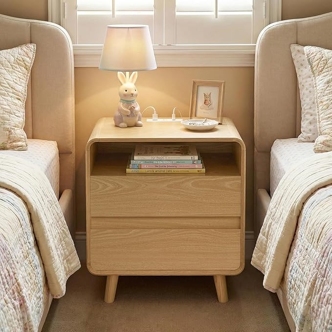 Nasonet Modern Nightstands Set of 2 with Charging Station, Wood End Table Bedroom Nightstands with Drawers, Wide Curved Bedside Table Set 2for Kids Bedroom, Living Room, Oak