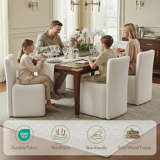 Hyfirm Upholstered Dining Chairs No Assembly, Set of 2 Modern Parsons Armless Kitchen Chairs with Padded Seat Cushion, Ready-to-Use White Linen Accent Side Chair for Diningroom Living Room Bedroom