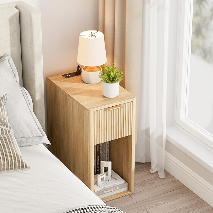 Homleke Narrow End Table with Fluted Drawer and Charging Station, Small Nightstand with USB Ports & Outlets, Bedside Table for Bedroom or Living Room, Modern Accent Table, Natural