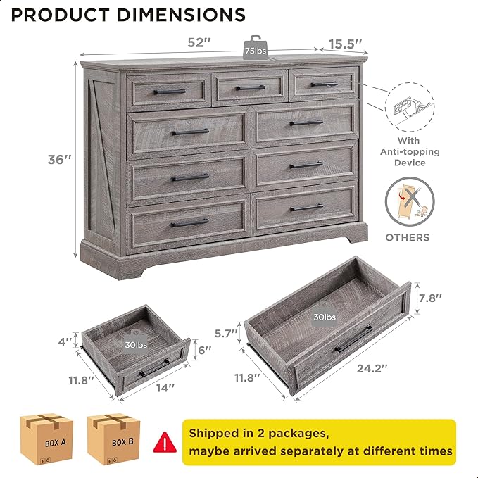 ACCOHOHO Farmhouse 9 Drawer Dresser for Bedroom, 36 Inch Tall Modern Dresser TV Stand with Large Drawers & Bar Handles, Rustic Wood Chest of Drawers for Bedroom, Living Room, Hallway, Grey