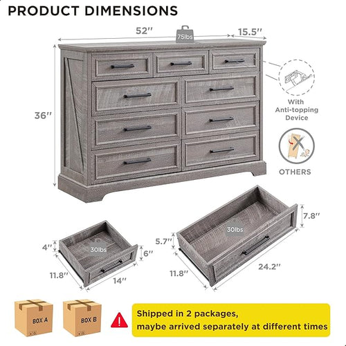 ACCOHOHO Farmhouse 9 Drawer Dresser for Bedroom, 36 Inch Tall Modern Dresser TV Stand with Large Drawers & Bar Handles, Rustic Wood Chest of Drawers for Bedroom, Living Room, Hallway, Grey