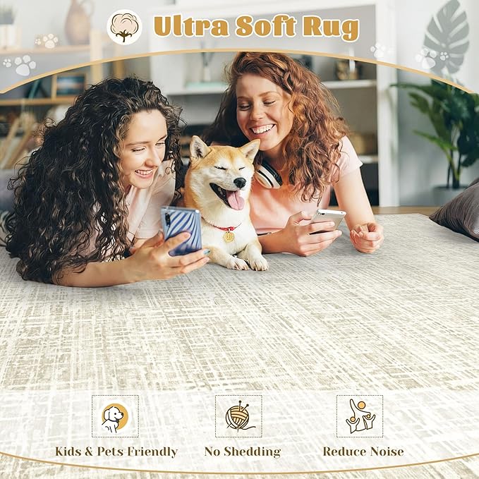 8x10 Area Rugs Washable Rug, Abstract Living Room Rug Large Neutral Modern Area Rug Soft Non Slip Low Pile Stain Resistant Indoor Carpet for Bedroom Nursery Kids Dining Room Office(Beige, 8'x10')