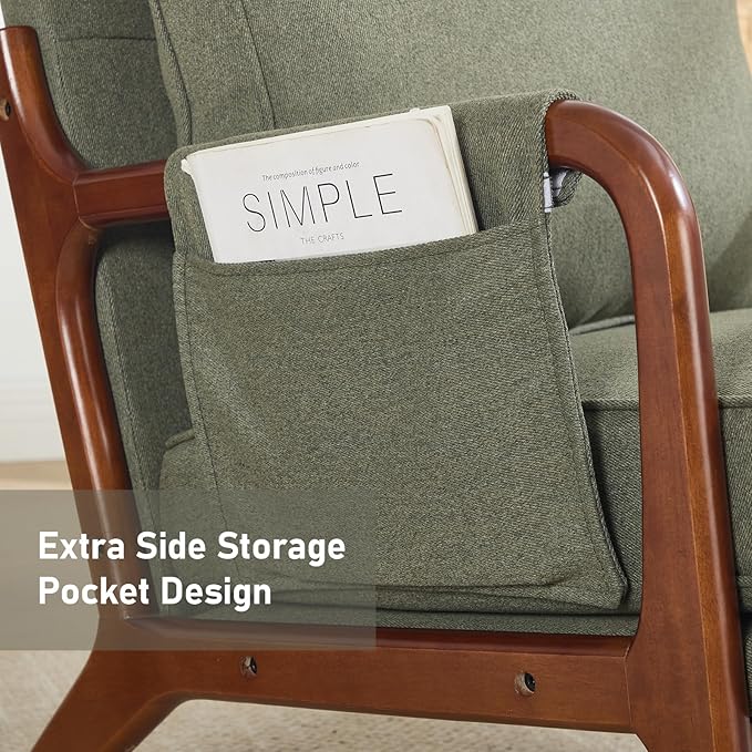 ANJ Mid Century Modern Accent Chair Set of 2, Lounge Reading Armchair with Extra Side Pocket & Detachable Cushion, Comfy Fabric Accent Chairs for Living Room, Bedroom, Green