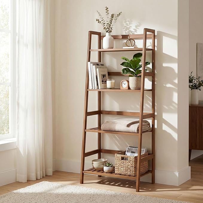 COSTWAY 4-Tier Ladder Shelf, Bamboo Plant Stand Rack, Freestanding Bookshelf, Multifunctional Storage Shelves, Flower Stand Rack Holder for Garden, Balcony, Living Room, Bedroom (Brown)