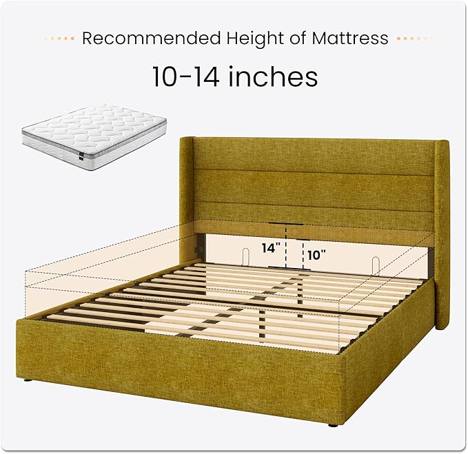 SHA CERLIN Full Size Lift Up Storage Bed/Modern Wingback Headboard/Upholstered Platform Bed Frame/Hydraulic Storage/No Box Spring Needed/Wood Slats Support/Olive Yellow