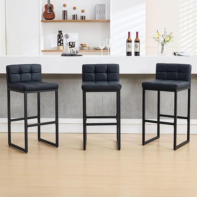 FIRAVOE Bar Stools Set of 3, PU Leather Bar Height Barstools, 30" High Top Bar Stools with Back and Thickened Metal Legs, Upholstered Island Chairs for Kitchen Island (Black, 3Pcs 30" Bar Stools)