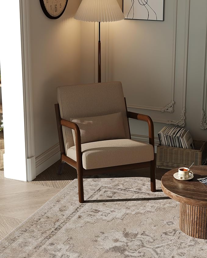 Garvee Mid-Century Modern Accent Chair, Fine Wale Corduroy Upholstery, Solid Wood Armchair with Removable Lumbar Pillow, Sturdy Reading Chair for Living Room, Bedroom, Guest Room, Easy Assembly, Brown