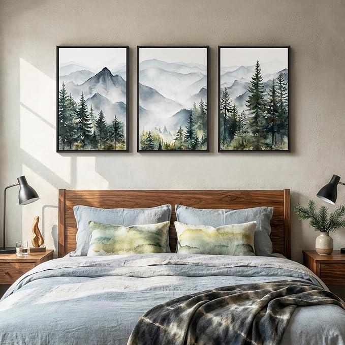 Framed Mountain Landscape Wall Art for Living Room, 3 Piece Nature Foggy Forest Canvas Artwork for Walls, Scenic Pine Tree Paintings Print Wall Decor for Bedroom Hallway Office Dining Room, 16x24 Inch