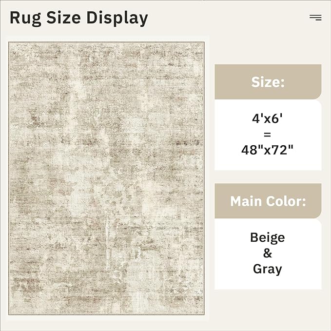 Soalmost 4x6 Area Rugs for Living Room, Vintage Washable Rugs for Dining Room, Bedroom, Home Office Decor, Non-Slip Beige/Gray Carpet Thin Rug