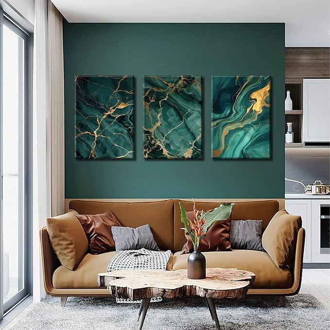 Emerald Green and Gold Canvas Wall Art Set of 3 Abstract Green Gold Marble Fluid Wall Decor Pictures Neutral Modern Minimalist Posters Prints for Living Room Bedroom Home Decoration 16x24in