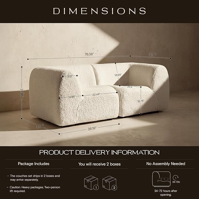Loveseat Modular Sofa, 2-Piece Curved Sectional Couches with High-Density Foam, 76" Boneless Sherpa Deep Seat Couch with Armrest, Cloud Soft Lounge Modern Sofas for Living Room – No Assembly, White