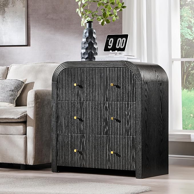 T4TREAM Fluted Dresser with 3 Drawers, 32" Tall Modern Chest of Drawers with Thickened Curved Profile Design, Wood Closet Clothes Storage Organizer for Bedroom, Living Room, Hallway, Black Oak