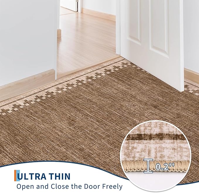 GarveeHome Modern Bordered Runner Rug 2x6 for Hallway Non Slip Low Pile Neutral Kitchen Runner Rugs Washable Bedroom Throw Carpet Geometric Cross Runners Mat for Living Room Nursery Laundry, Brown