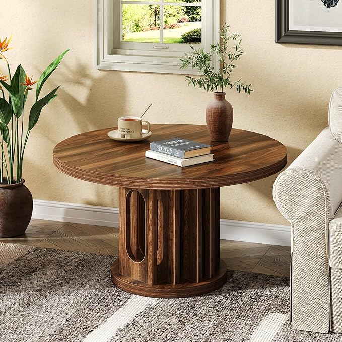 knoworld 31.5" Round Coffee Table, Small Wooden Circle Center Table Hole Panel Splice Design Coffee Tables for Living Room, Thickened Edge MDF Board, Walnut