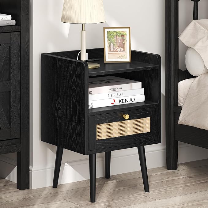 MECHYIN Night Stand Set 2, Nightstands Set of 2 with Charging Station, Rattan Side Tables with Solid Wood Legs, Boho Bedside End Table for Apartment Bedroom Dorm Small Space - Black