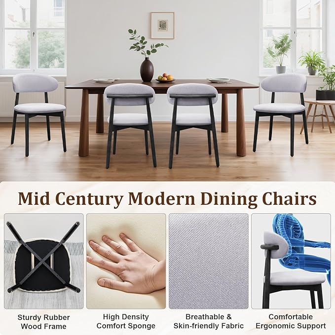 Farmhouse Dining Chairs Set of 8, Mid Century Modern Fabric Upholstered Kitchen Chairs, Wooden Dining Room Chair with Curved Back&Black Legs for Kitchen Dining Room Restaurant Cafe, Blue (Only Chairs)