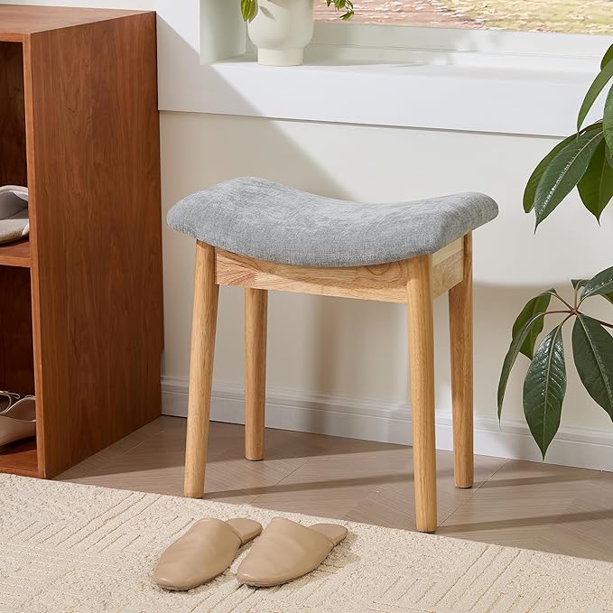 Royal Windsor Vanity Stool with Saddle Cushion, 18 Inch Makeup Vanity Chair for Living Room, Modern Foot Stool Ottoman Piano Bench,Small Upholstered Bench for Bedroom, Grey