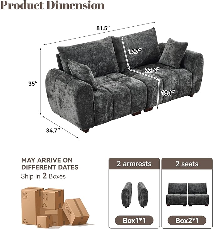 81.5" Chenille Love Seat Sofa, 2 Seater Modular Sectional Couch with Deep Seat, Solid Wood Legs, Cloud Couch for Bedroom, Living Room, Mid Century Modern Loveseat, Tufted Sofa, Grey
