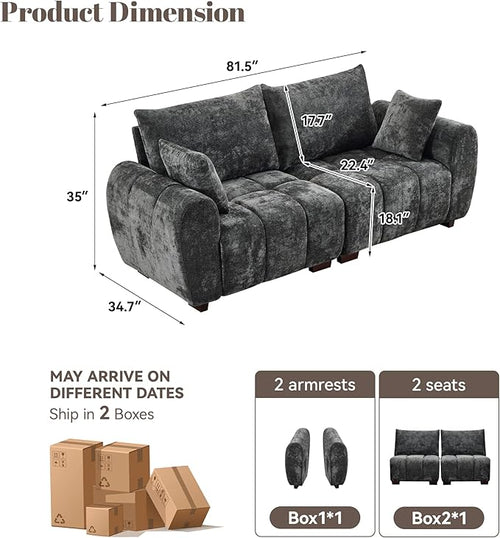 81.5" Chenille Love Seat Sofa, 2 Seater Modular Sectional Couch with Deep Seat, Solid Wood Legs, Cloud Couch for Bedroom, Living Room, Mid Century Modern Loveseat, Tufted Sofa, Grey