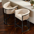 Modern Counter Height Bar Stools,Bar Stools Set of 2,Fabric Upholstered Barrel Barstools with Backs and Arms,26'' Kitchen Island Chairs,Metal Black Frames,Beige White Linen