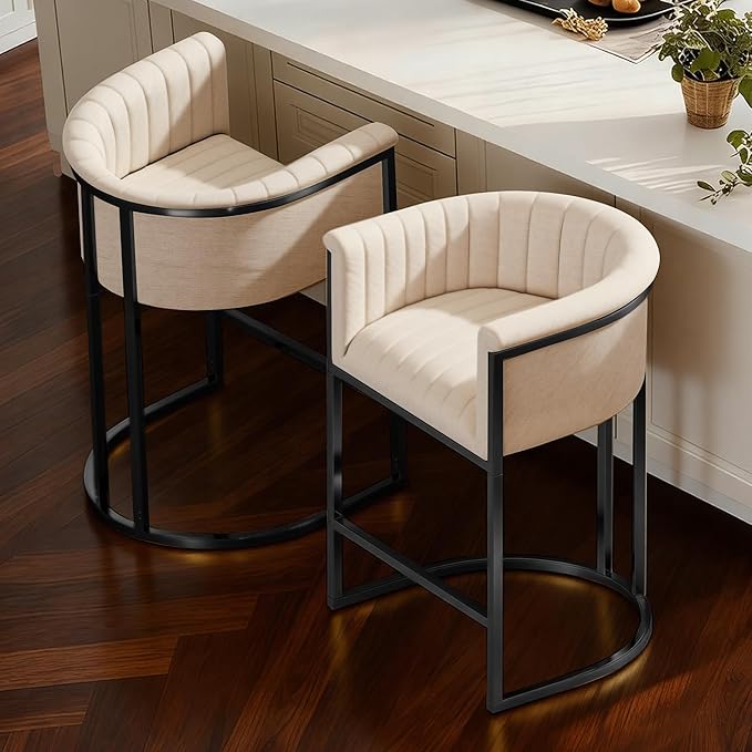 Modern Counter Height Bar Stools,Bar Stools Set of 2,Fabric Upholstered Barrel Barstools with Backs and Arms,26'' Kitchen Island Chairs,Metal Black Frames,Beige White Linen