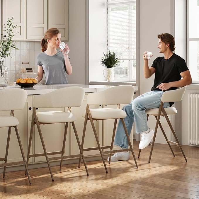 Bar Stools Set of 4, Counter Height BarStools with Back, Modern Upholstered Island Stools with Metal Legs for Kitchen Counter, Dining Room, Beige