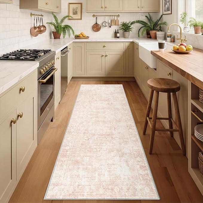 Homemate Washable Rug 2x6 Area Rugs - Vintage Faux Wool Rugs for Living Room Bedroom Dining Room - Non Slip Foldable Carpet Indoor Area Rug for Home Decor（2'x6', Pink