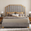 AMERLIFE King Size Upholstered Bed, Modern Velvet Bed Frame with 65.4” Tall Gold Trim Headboard, No Box Spring Needed, Grey