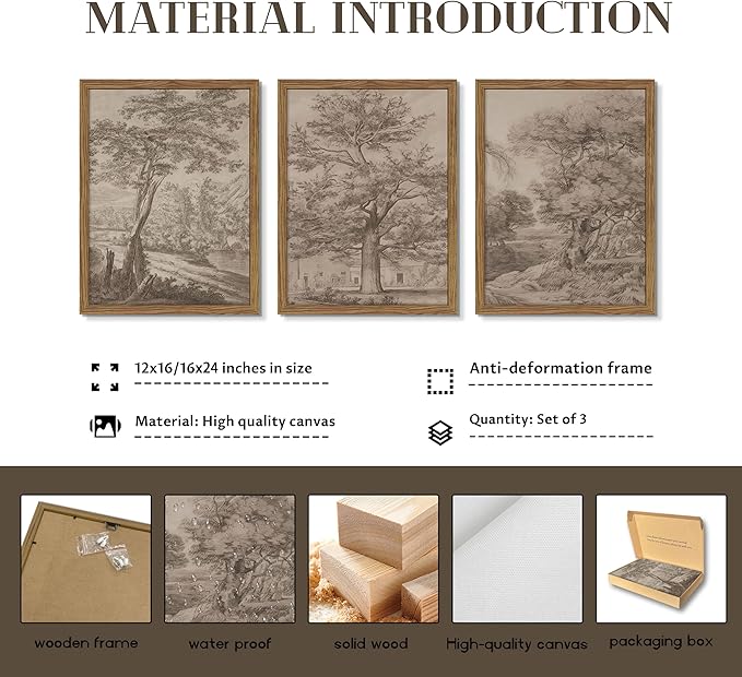 Vintage Landscape Framed Wall Art Set of 3, Neutral Nature Wabi Sabi Canvas Wall Decor Painting, Rustic Retro Botanical Tree Artwork Prints Pictures for Farmhouse Living Room Bedroom 12x16 Inch