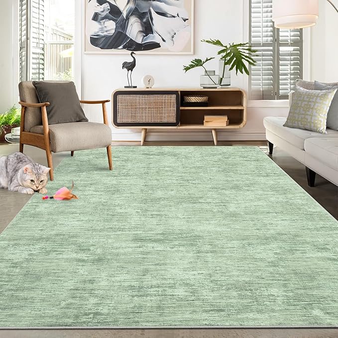 RUGSREAL Bedroom Area Rug 4x6 Modern Abstract Area Rug Stain Resistant Small Living Room Rug Contemporary Dining Room Rug Non-Slip Solid Rug Aesthetic Accent Floor Carpet for Kitchen Office, Green