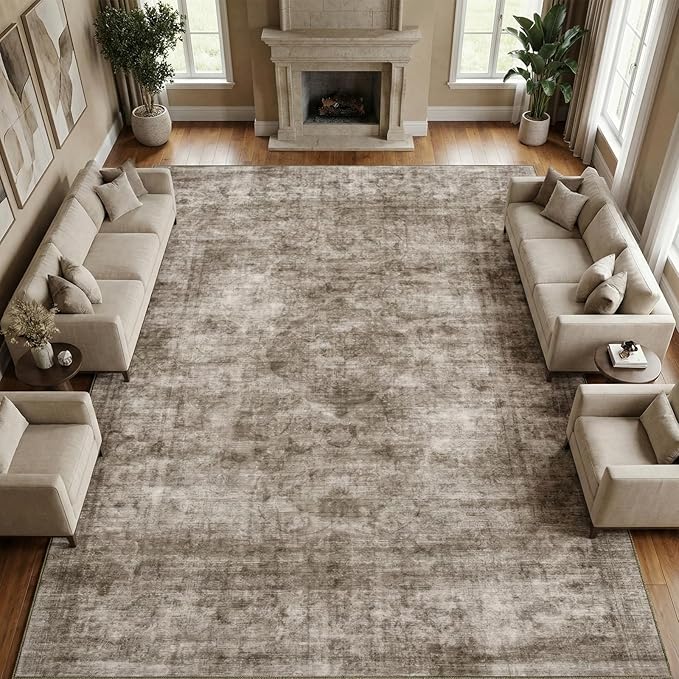 Homemate Washable Rug 10x12 Area Rugs - Vintage Faux Wool Rugs for Living Room Bedroom Dining Room - Non Slip Foldable Carpet Indoor Area Rug for Home Decor（10'x12', Brown