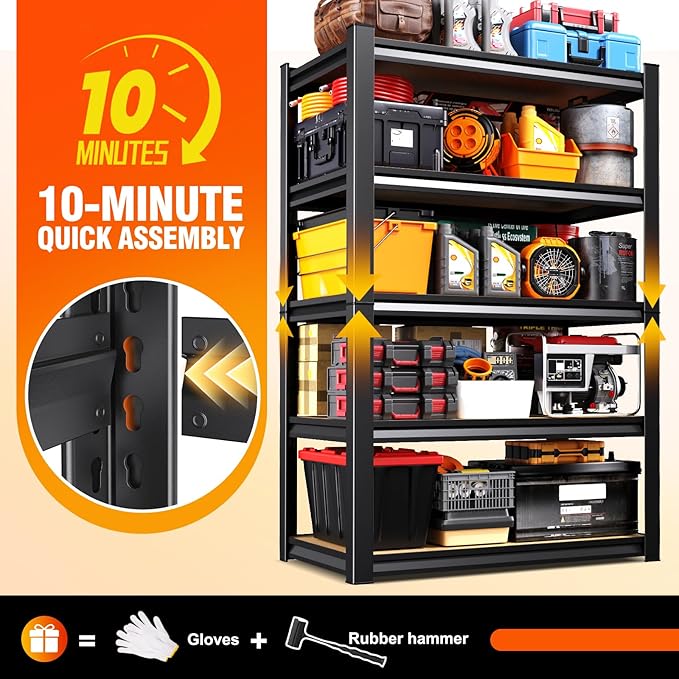 71''H 35.4''W Storage Shelves,2500LBS Garage Shelving ,Adjustable Garage Shelves ,Heavy Duty Metal Shelving, 5 Tier Wood Utility Steel Shelf, Shelving Units and Storage Rack fo Kitchen Pantry Laundry
