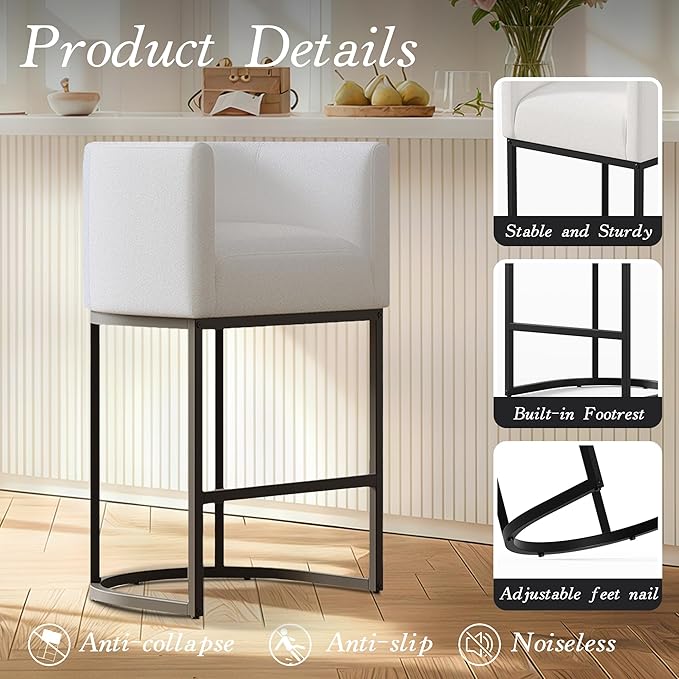 Modern Counter Height Bar Stools,Bar Stools Set of 1,Fabric Upholstered Barrel Barstools with Backs,26'' Kitchen Island Chairs,Metal Black Frames,Snowy White Linen