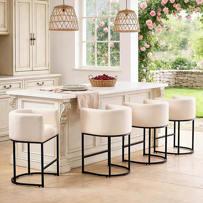 ClinQ 26" H Counter Height Bar Stools Set of 3, Modern Barrel Counter Stools with Backrest and Arms, Black Metal Frames, Linen Fabric Upholstered Accent Barstools for Kitchen Island, Beige