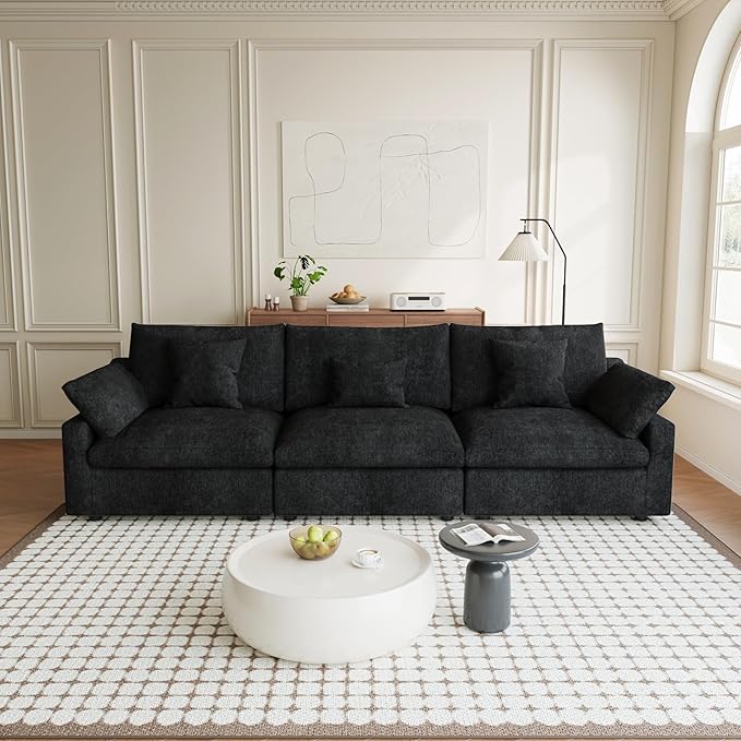 Modular Sectional Sofa Cloud Couch, 119.29" Oversized 3 Seater Sofa with Pillows, Linen Blend Fabric Minimalist Deep Seat Sofa Couches for Living Room, Sofa Covers Washable&Removable, Black