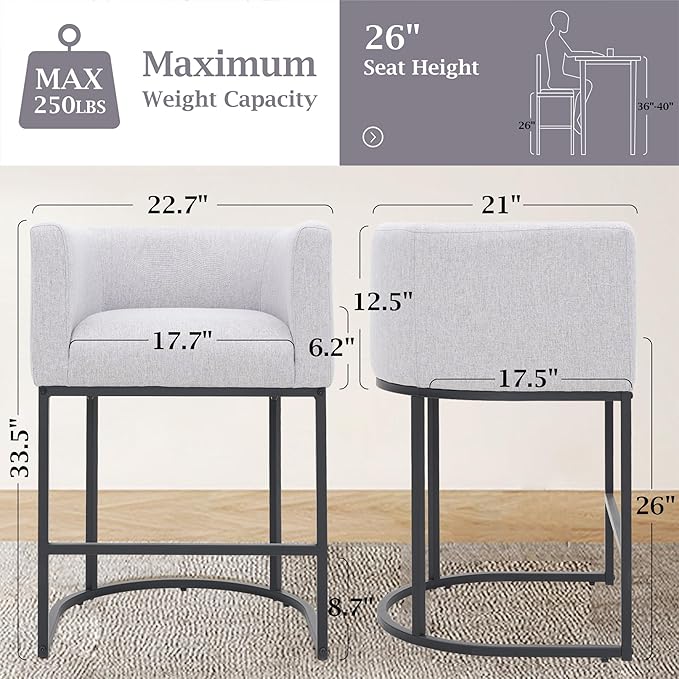 ClinQ 26" H Counter Height Bar Stools Set of 2, Modern Barrel Counter Stools with Backrest and Arms, Black Metal Frames, Linen Fabric Upholstered Accent Barstools for Kitchen Island, Light Grey